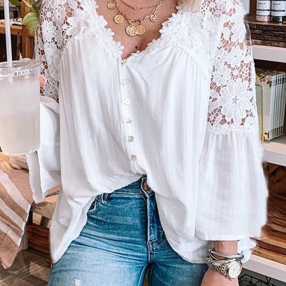 New Boho White Lace Button Front Blouse Top - Picture 9 of 11